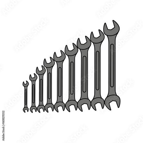 A set of gray wrenches of varying sizes arranged in ascending order, isolated on a white background.