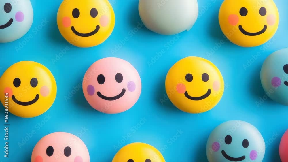 Smiling emojis on blue background, colorful smiley faces for joyful and positive mood
