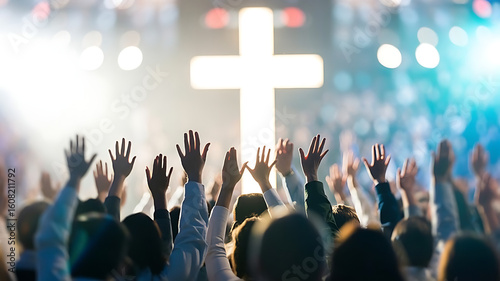 Congregation raising hands in worship towards a glowing cross symbolizing faith, hope, and spiritual connection during a powerful service.