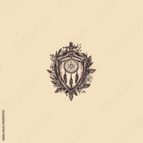 Engraving style illustration of a boho shield with intricate tribal patterns, geometric details, and vintage texture