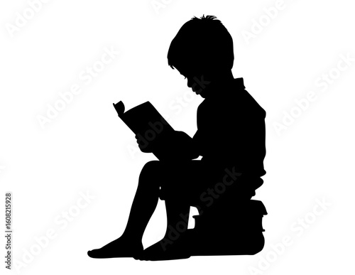Silhouette of a child engrossed in a book, perfect for educational, literary, school, reading, childhood, and imagination themed projects.