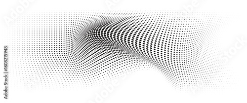 Flowing Wave Dot Halftone Pattern: Curve Gradient Shape on Transparent Background. Suitable for AI, Tech, Network, Digital, Science, and Technology Themes.