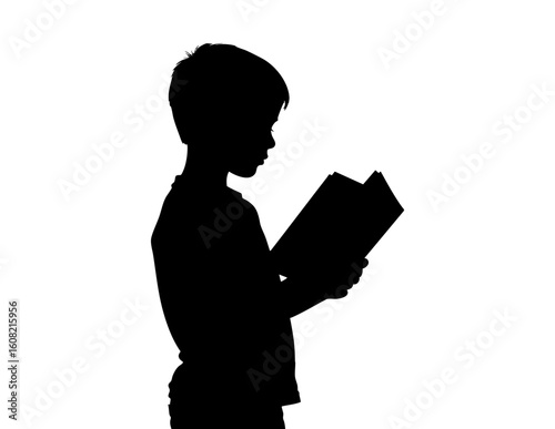 Silhouette of boy reading book, suitable for educational themes, child development articles, and back to school designs for all ages.