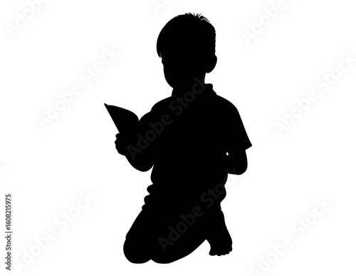 Silhouette of boy deeply reading book. Suitable for educational concepts, literacy promotion, and childrens book illustrations. Engaging and inspiring.