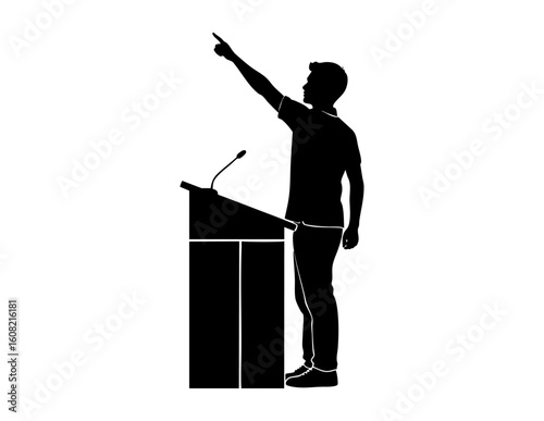 Silhouette of a speaker at a podium ideal for political, motivational, public speaking concepts, presentations, or conference related design projects.