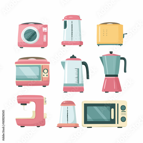 A collection of colorful household kitchen appliances illustrated in a modern flat design style.