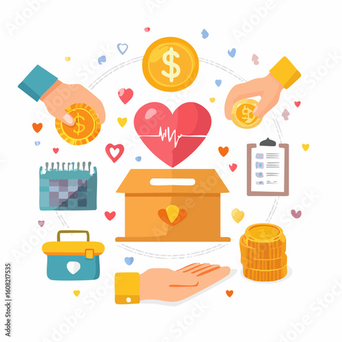 Hands donating coins to a charity box, supporting a heart representing health and well-being.