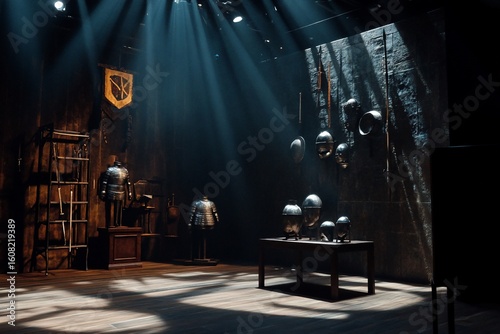 Medieval Armory Display with Armor, Helmets and Weapons under Dramatic Lighting