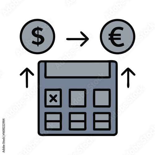 An illustration depicts the calculation of a dollar to euro currency conversion, with a calculator at the center. The image shows an arrow and money symbols.