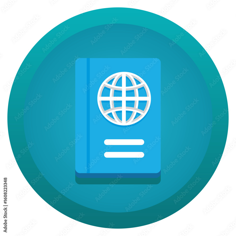 Blue passport icon with a globe symbol on a teal background Blue passport icon with a globe symbol on a teal background