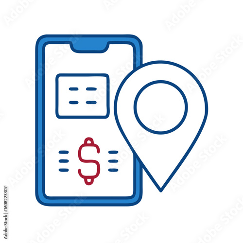 A modern smartphone, adorned with digital payment symbols and a navigation location, symbolizing modern transaction and traveling with convenience.