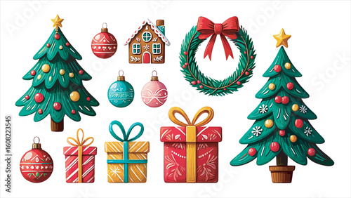 set of christmas trees nad gift box