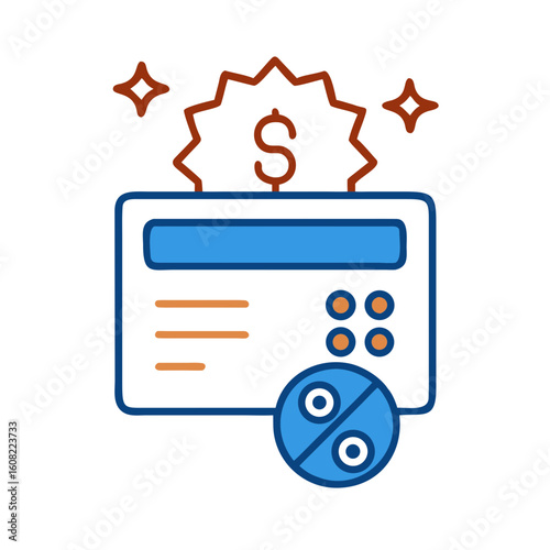 A digital credit card concept with a dollar sign symbol and a percent symbol signifying financial deals and savings opportunities. 