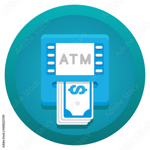 Blue atm machine dispensing cash with dollar sign