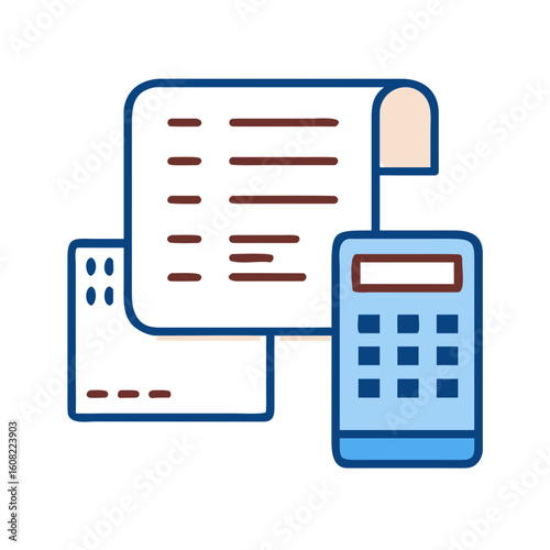 A detailed illustration of a calculator alongside a receipt, a scene that speaks to the worlds of finance, calculation, and accounting.