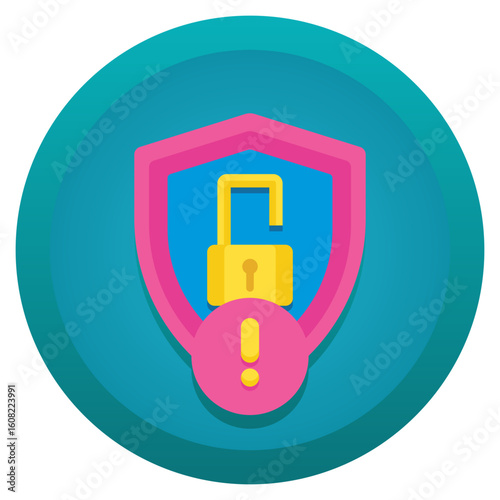 Security alert unlocked shield with exclamation mark icon