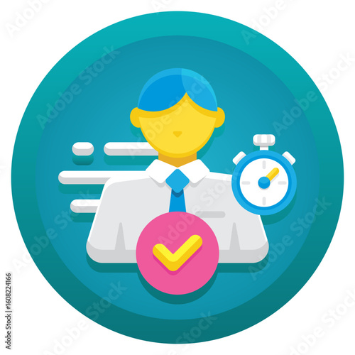 Business person with stopwatch and checkmark icon representing efficiency and success