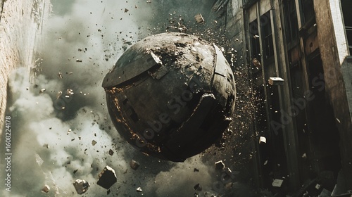 Dramatic Destruction, Spherical Object Shattering Amidst Urban Ruins
