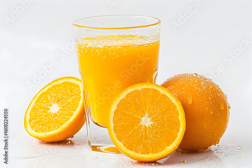 a glass of fresh orange juice isolated on a white background, condensation on glass, vibrant and clean