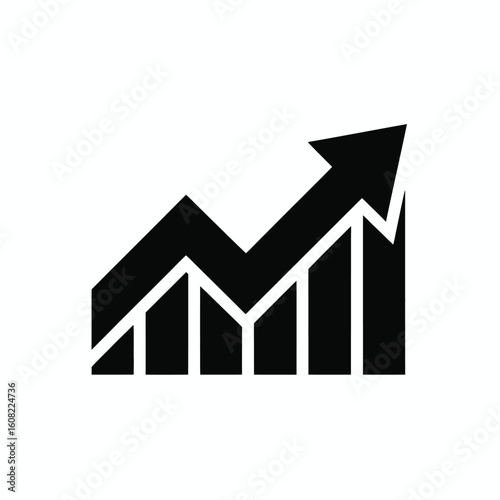 Black and white graphic of an upward trending bar chart with an arrow