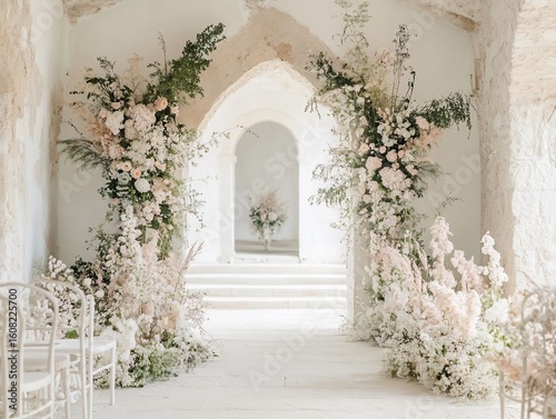 Elegant wedding floral arrangements in a historic stone building interior