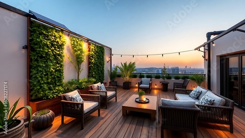 Eco-luxury terrace with vertical garden, solar-powered lighting, reclaimed wood deck, organic furniture, soft sunrise tones