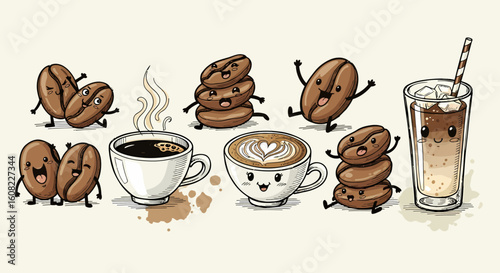 Hand drawn coffee beans with espresso, cappuccino, latte and iced coffee drinks in coffee beans art sketch black vector cartoon icon style