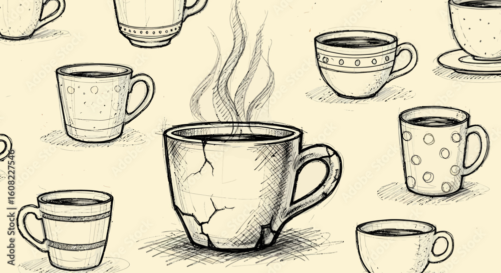 Obraz premium Hand drawn coffee beans and cup sketch on warm beige with steaming mugs in vintage retro cafe style, coffee beans art sketch black vector illustration