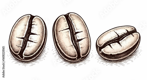 Coffee beans art sketch black vector of three roasted beans in hand drawn vector illustration with realistic shading