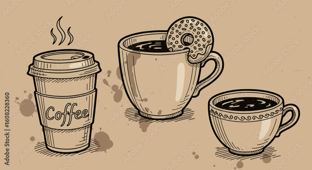 Obraz premium Hand drawn coffee beans with mugs, cups and cookies in coffee beans art sketch black vector cafe composition set