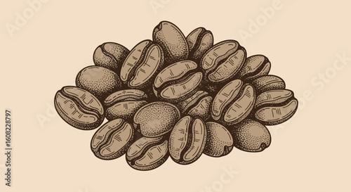 Hand drawn coffee beans in pile with shading detail, coffee beans art sketch black vector realistic roasted bean illustration for product design