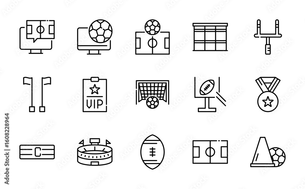 Fototapeta premium Football linear icon set. Sports, soccer ball, goal, referee, player, stadium, whistle, jersey, tactics, cup, scoreboard, fan, training, sports gear, match vector icon set. UI thin line icon pack