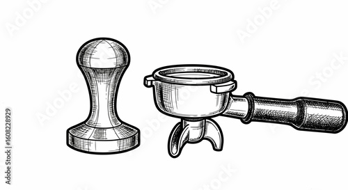 Hand drawn vector illustration of espresso tamper and portafilter in coffee beans art sketch black vector style barista tools