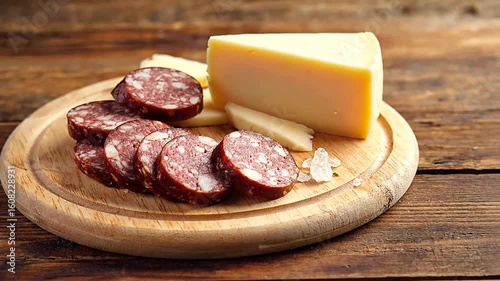 A rustic wooden board featuring sliced salami and cheese, with a cozy kitchen background