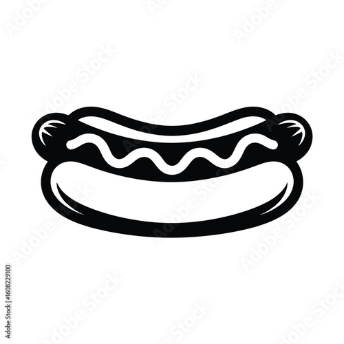 Simple black and white outline illustration of a hot dog with mustard