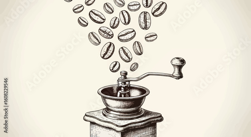Hand drawn vector illustration of coffee beans flowing into grinder, coffee beans art sketch black vector dynamic process visual