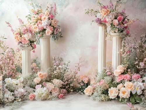 Floral Elegance, A Romantic Scene with Columns and Pastel Blossoms