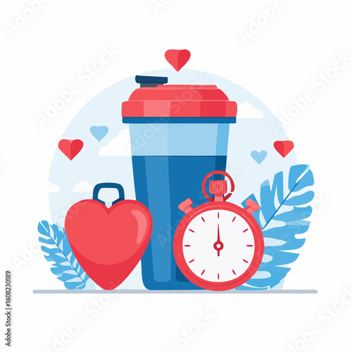 A fitness and health concept illustration with a protein shaker, stopwatch, and heart-shaped weight.
