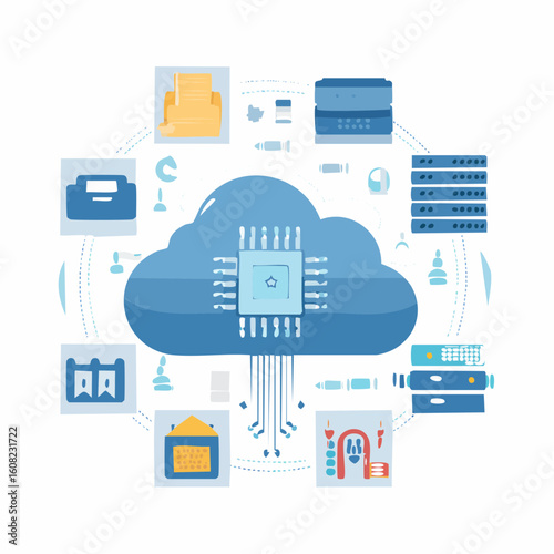Cloud computing infrastructure depicted with a central microchip in a cloud connected to various data storage and processing devices.