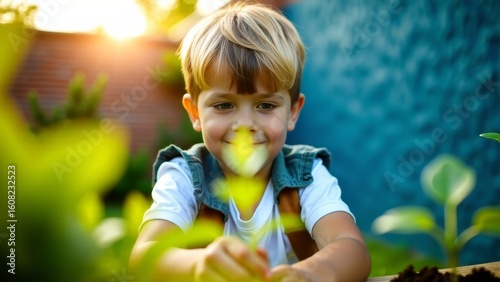 Young boy gardening planting seedlings outdoors