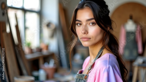 Young woman crafting art with recycled materials