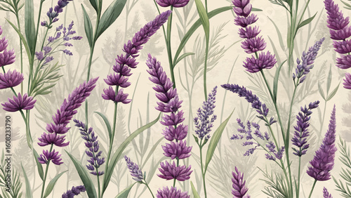 Seamless pattern illustration of bright purple Scorpion grasses. High resolution. Designed for printing on fabric or wallpaper.