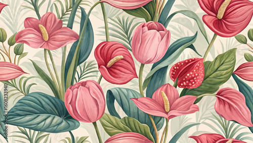 Seamless pattern illustration of pink tulips and red anthuriums. Bright colors. High resolution. Designed for printing on fabric or wallpaper.