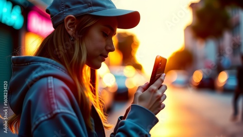 Girl filming video on phone in street light