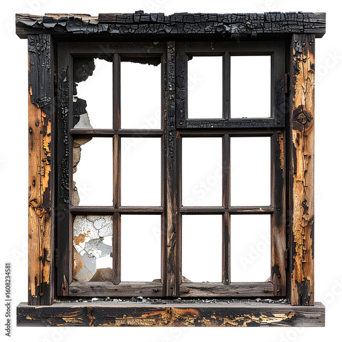 Charred Window Frame: A weathered and burnt window frame stands as a stark reminder of a fire's aftermath. The charred wood, exposed to the elements.