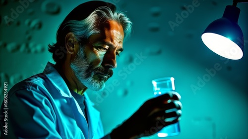Scientist examining water sample in lab under bright light