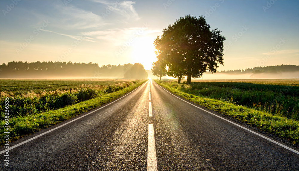 Obraz premium Open Road at Sunset: A scenic asphalt road stretches endlessly towards the horizon, bathed in the golden light of sunset, and framed by lush green fields.