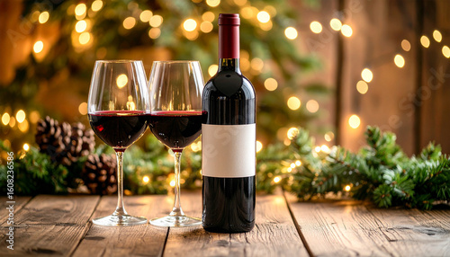 Festive toast: Wine glasses and bottle of red wine on a table for a holiday gathering, capturing the essence of cheer and relaxation.