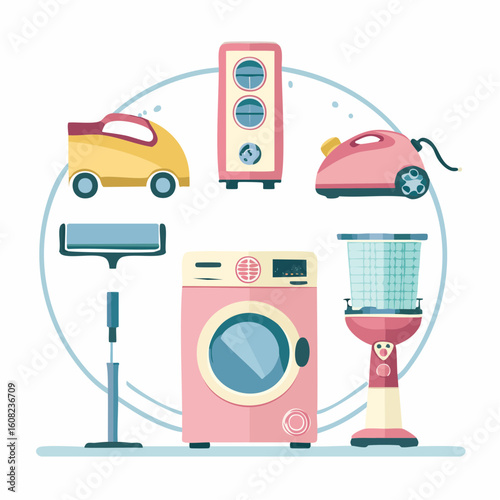 Flat design illustration featuring a variety of modern household cleaning and laundry appliances in pink, yellow, and blue hues.