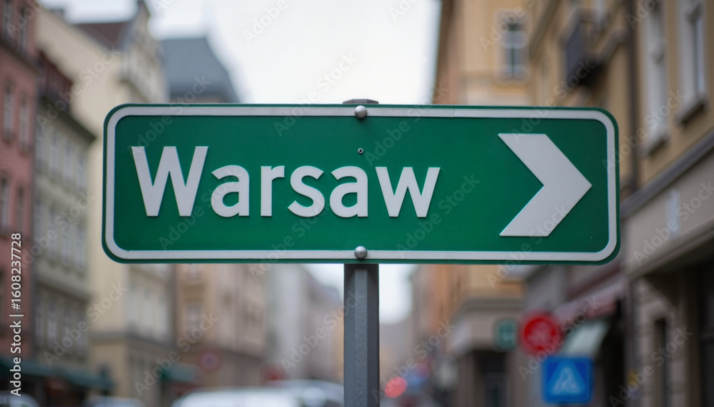 Warsaw direction sign on urban street
